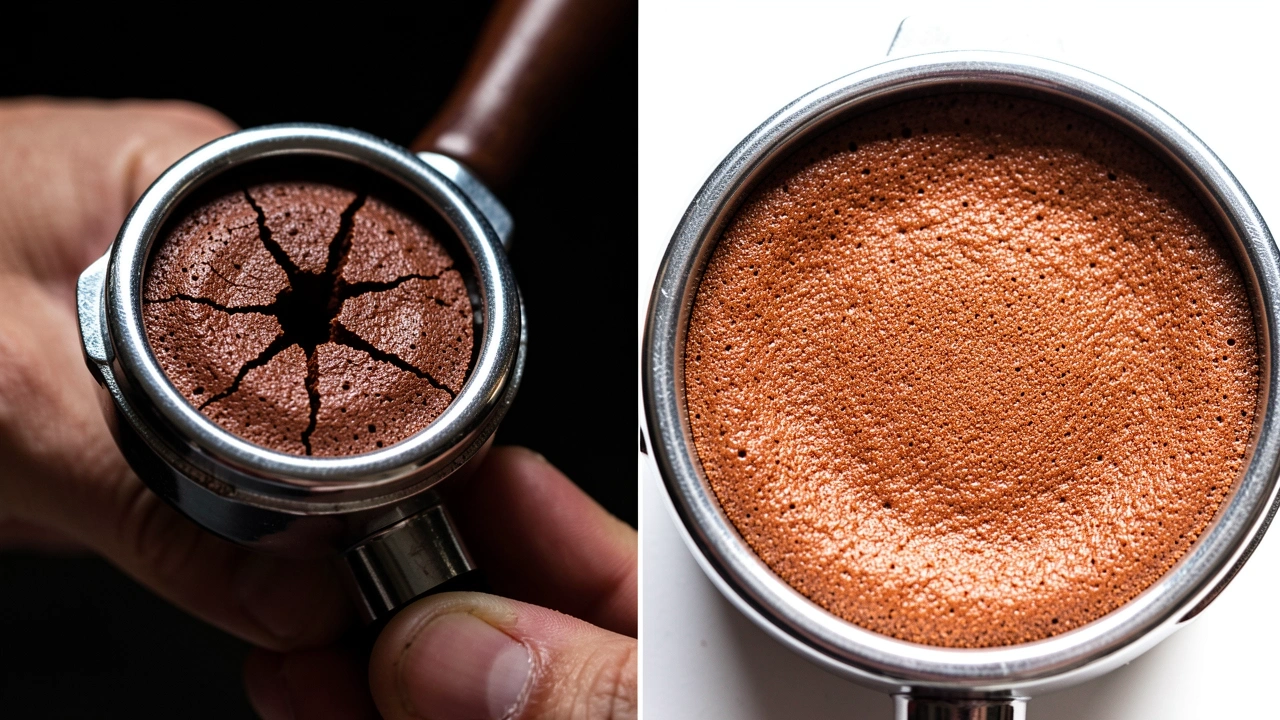 Comparison of a perfect espresso puck and one with channeling.