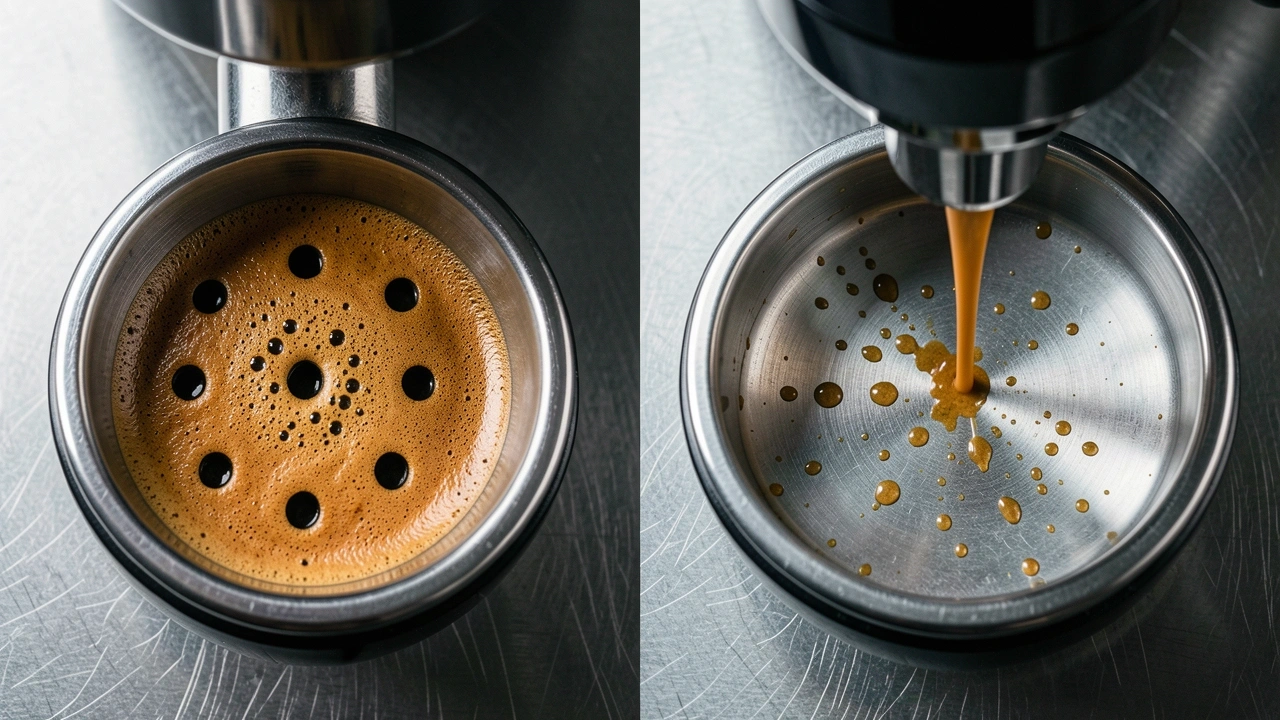 Comparison of perfect espresso extraction and channeling from bottomless portafilter