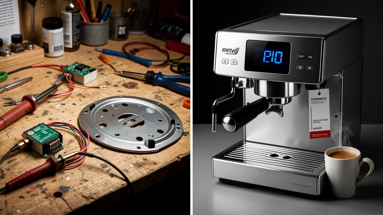 Split image: DIY PID kit with tools on left, factory PID espresso machine on right.