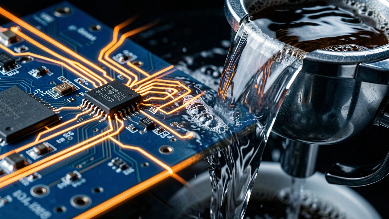 Close-up of a PID controller circuit board merging with a smooth cascade of hot water over a portafilter.