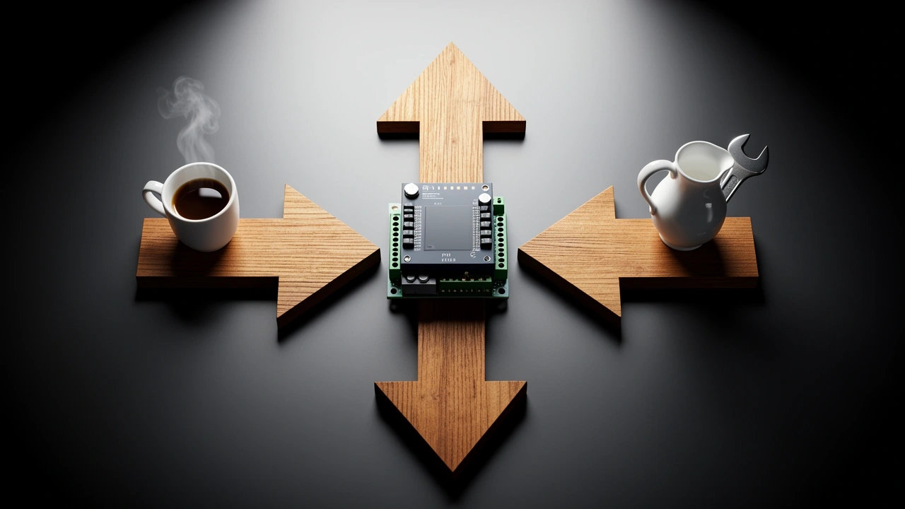 Three arrows from a central PID controller pointing to an espresso cup, milk pitcher, and wrench.