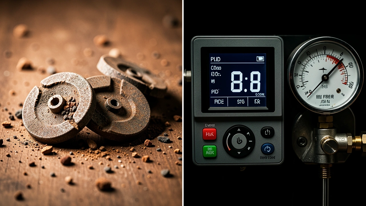 Uneven grinder burrs on one side, PID screen with erratic pressure gauge on the other.