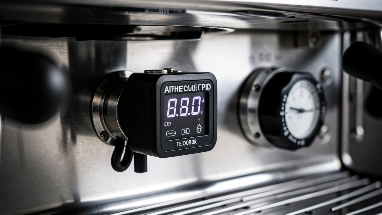 Aftermarket PID controller on a single boiler espresso machine showing temperature