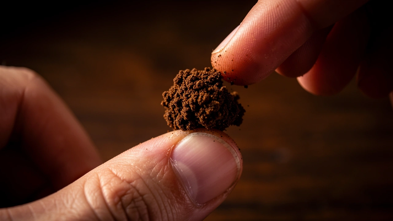 Macro shot of pinch of espresso grounds clumping slightly, indicating correct fineness