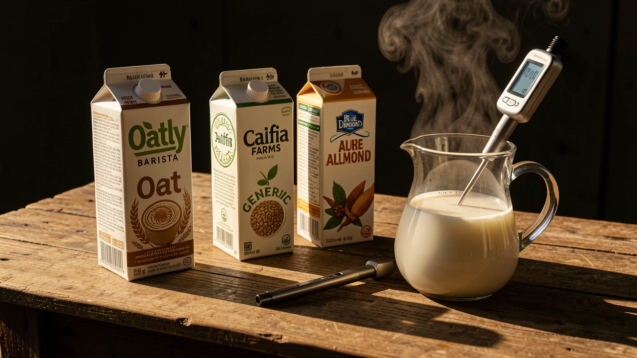 Oat and Almond Milk Brands Temperature Guide Five oat and almond milk brand cartons with thermometer showing ideal temperature ranges