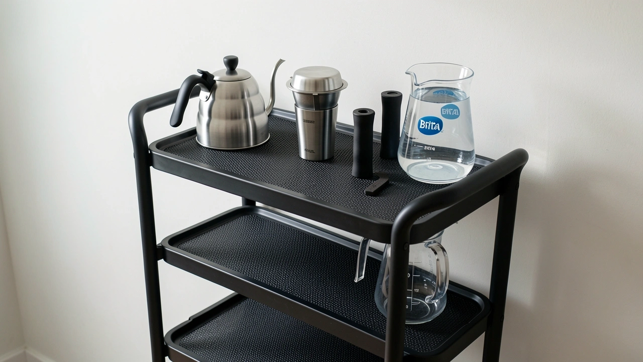 Portable coffee upgrades including gooseneck kettle, reusable filter, and Brita pitcher on a three-tier rolling cart