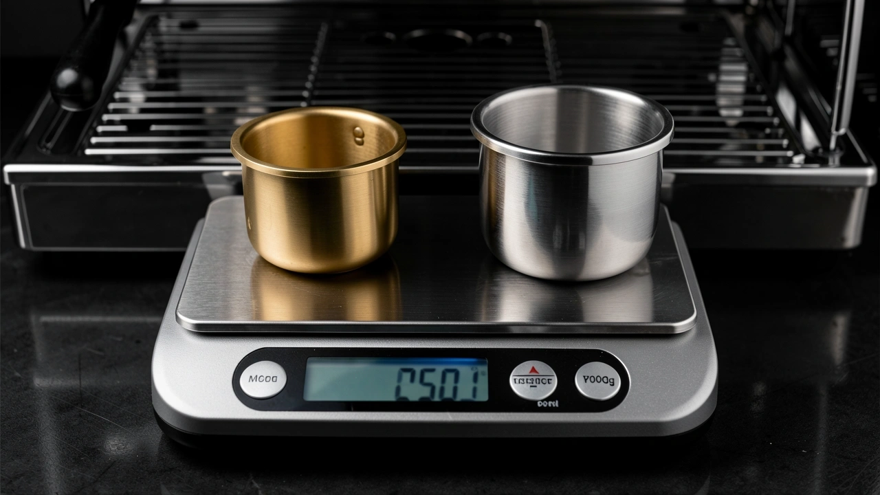 Portafilter Weight Comparison on Scale Two portafilters on a kitchen scale showing weight difference between brass and stainless
