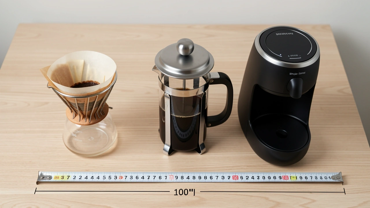 Flat lay comparing pour-over dripper, French press, and pod machine with measuring tape, showing compact sizes for rentals