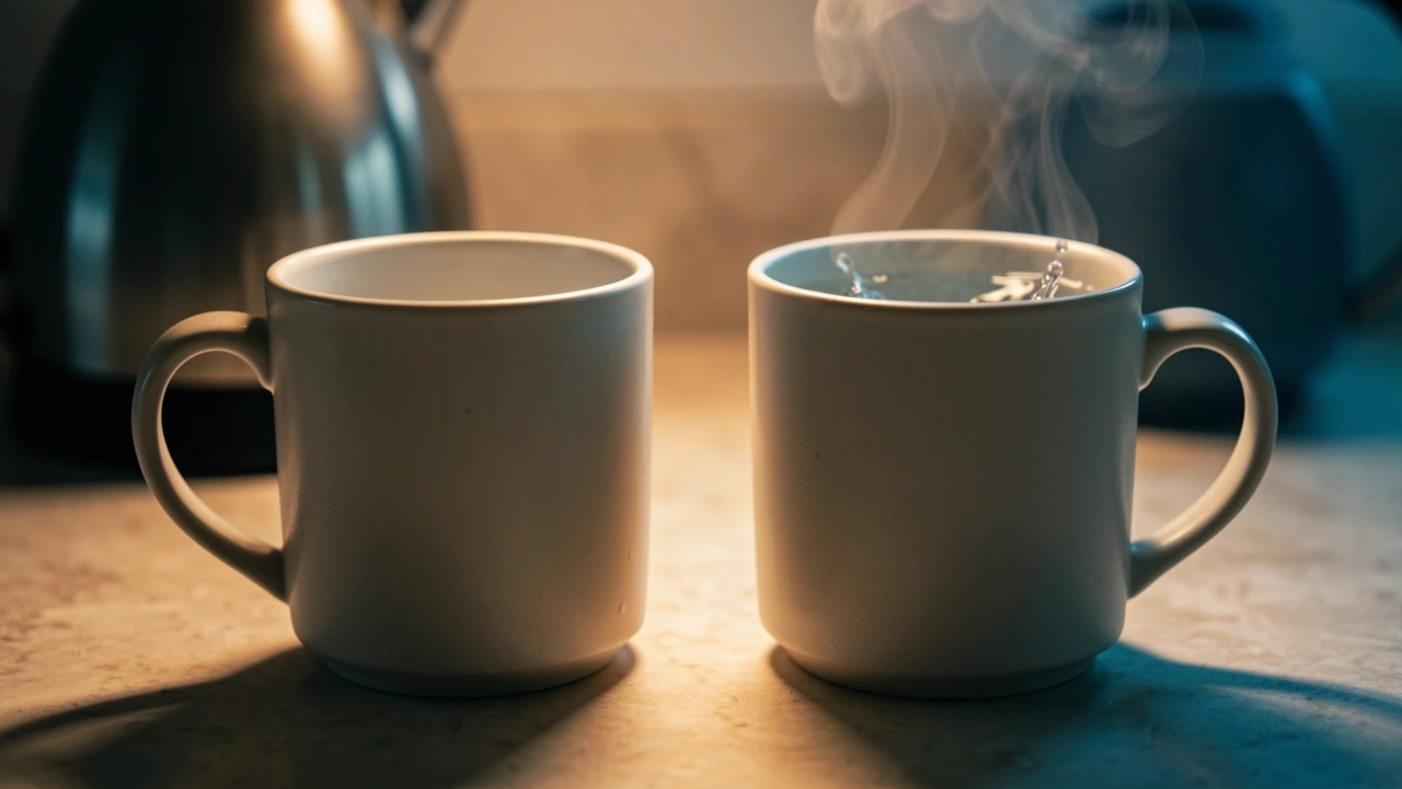 Pre-Warmed Coffee Mug Shortcut Close-up of two ceramic mugs; one cold with a heat-bleed effect, the other showing a steam ring from pre-warming.