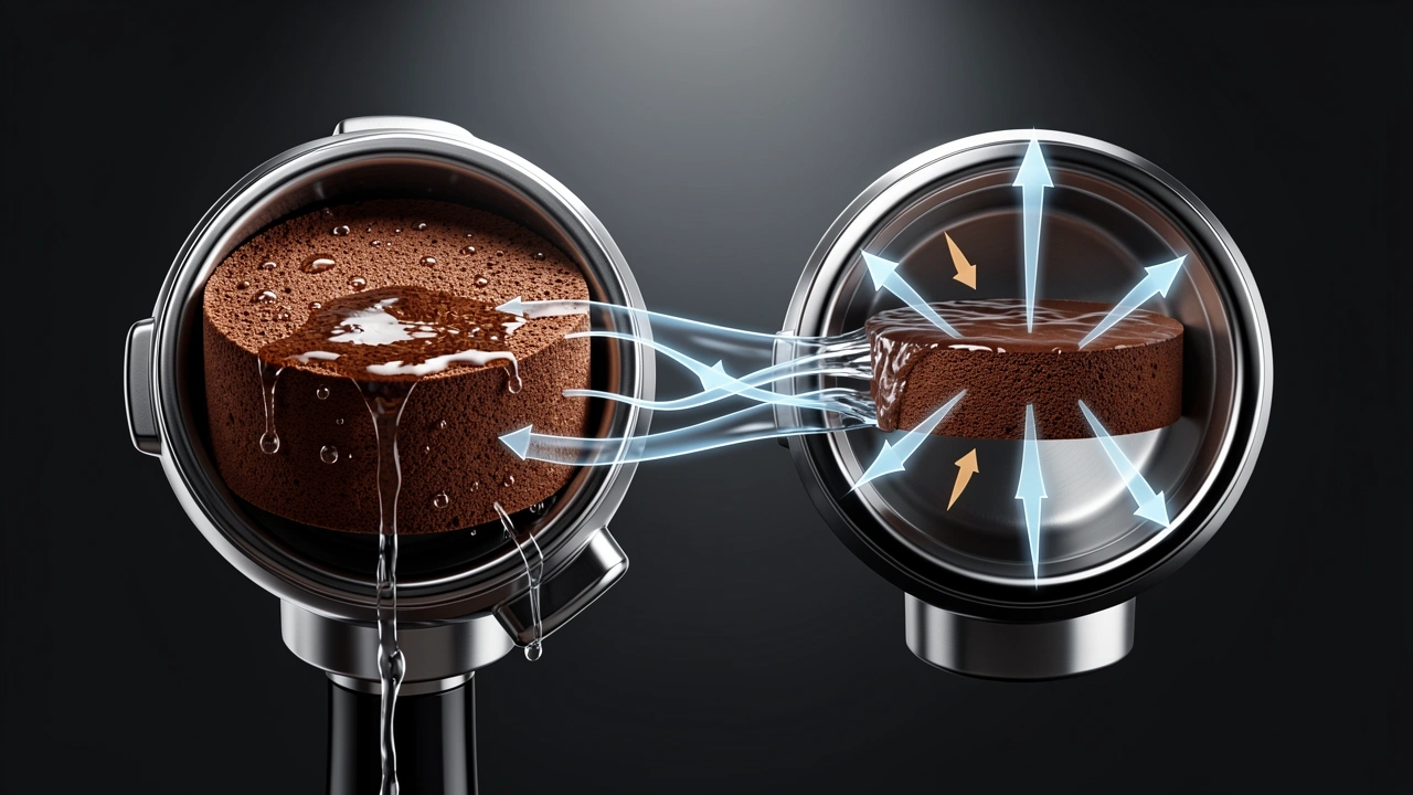 Cross-section diagram of 54mm and 58mm portafilter baskets showing water flow and puck depth