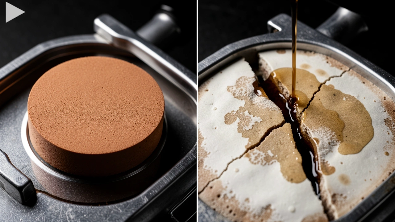 Split comparison of perfect coffee puck vs channeled puck with bypass water