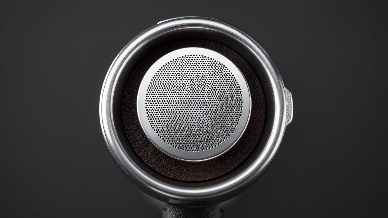 Macro top-down shot of a clean stainless steel puck screen on a dark coffee puck