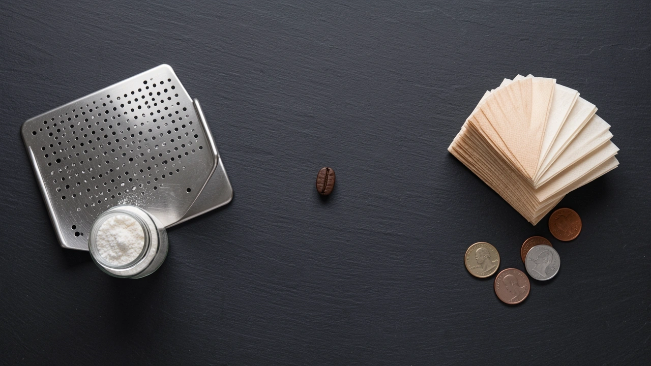 Flat lay comparing a stainless steel puck screen with cleaning powder and paper filters with coins
