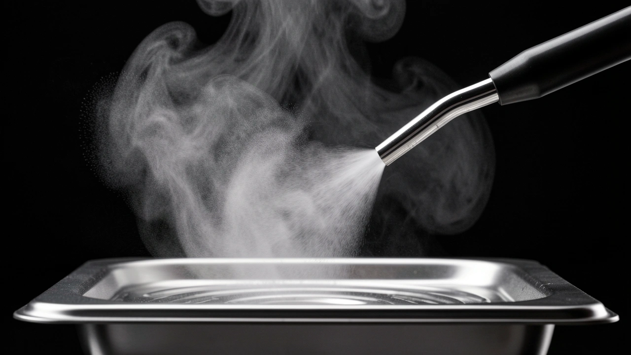 Steam wand purging dry steam to remove condensation water before milk steaming.