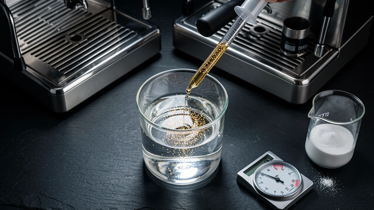 Adding mineral concentrate drops to an espresso machine water reservoir for safe remineralization.