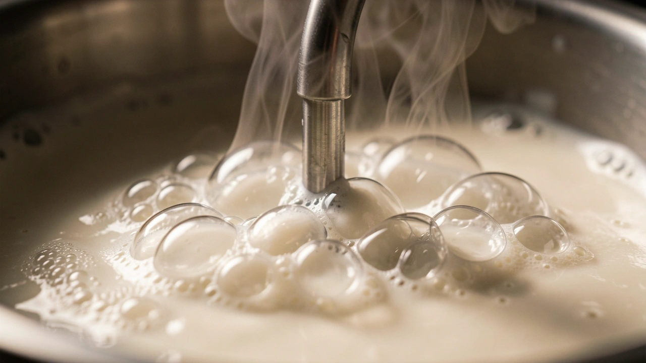 Steam wand left in milk creating large bubbles from residual steam