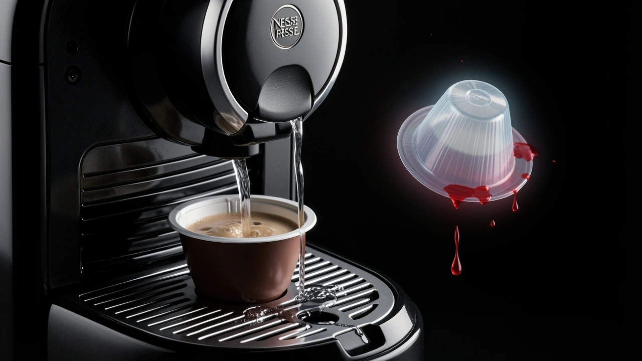 Open machine with sealed reusable pod and ghostly leaking official capsule comparing leakage rates