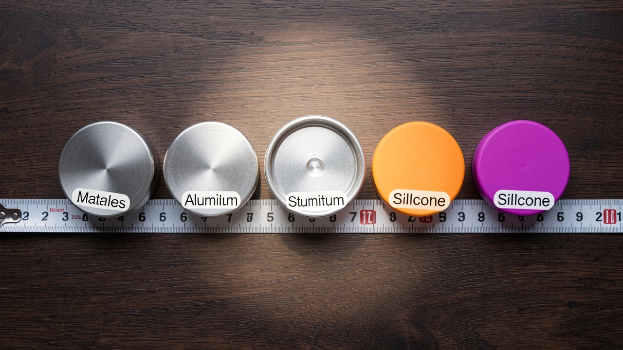 Flat lay of reusable pods in different materials with measuring tape for height comparison
