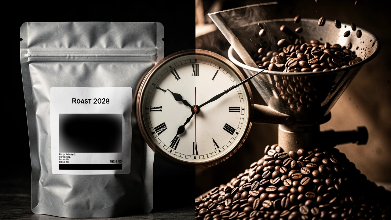 Double exposure of a coffee bag and hopper with a clock showing accelerated aging
