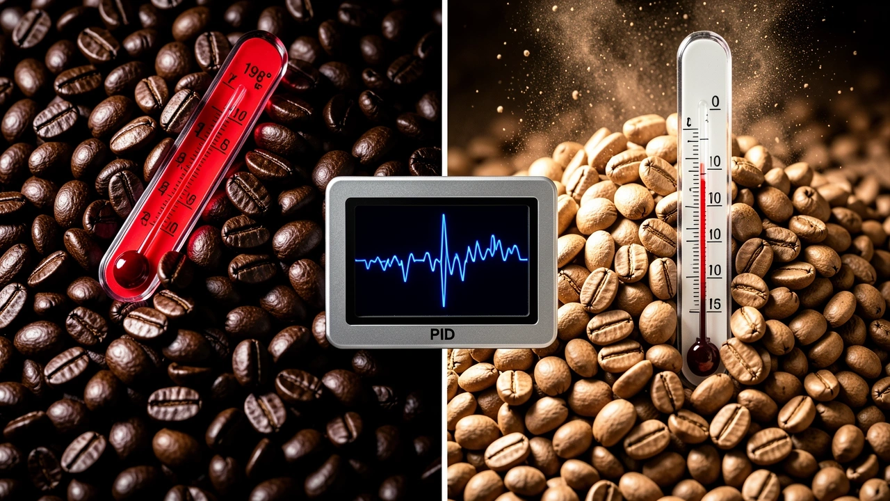 Dark and light roast coffee beans with thermometers showing different temperatures, connected by a PID display.