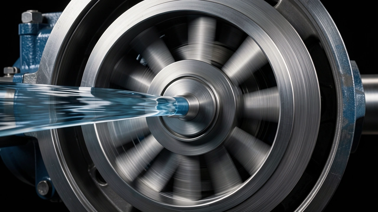 Cutaway of a rotary pump showing spinning rotor and vanes inside cam ring