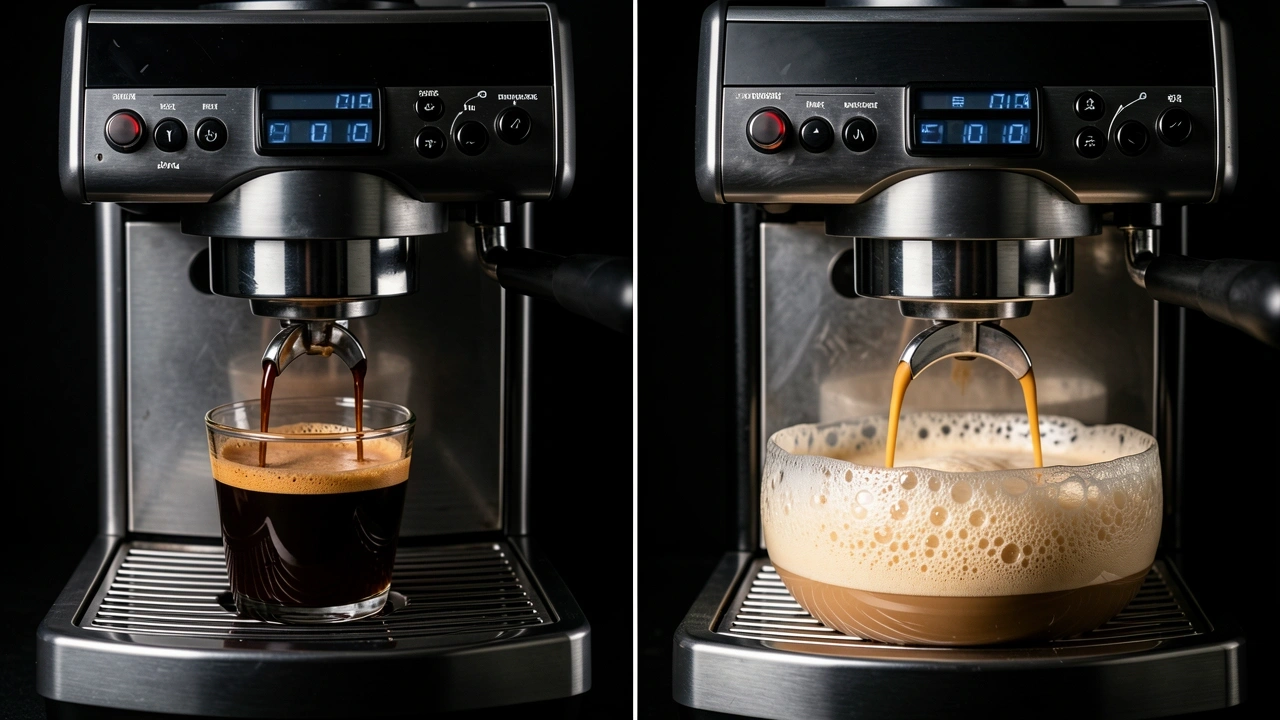 Two espresso shots side by side comparing rotary and vibratory pump extraction