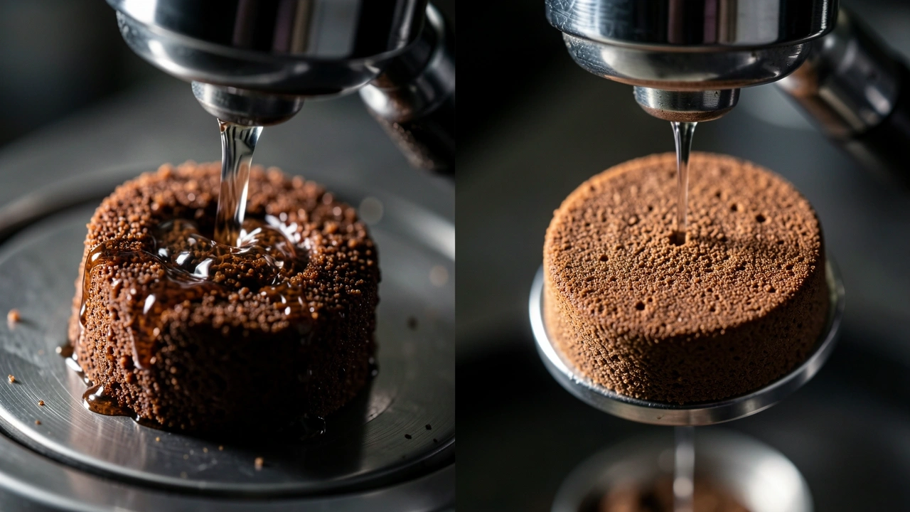 Macro split-screen shot of over-tamped puck with channeling crack versus evenly tamped puck