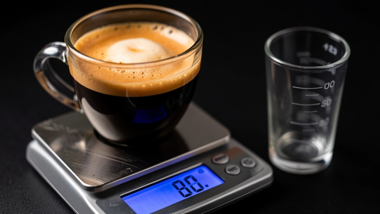 Digital scale weighing espresso with crema versus volume