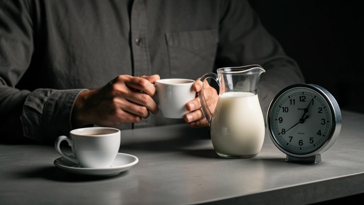 Hands holding espresso cup and milk pitcher with timer and empty cups on counter