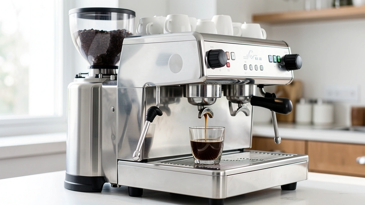 A silver semi-automatic espresso machine pouring a shot into a glass.