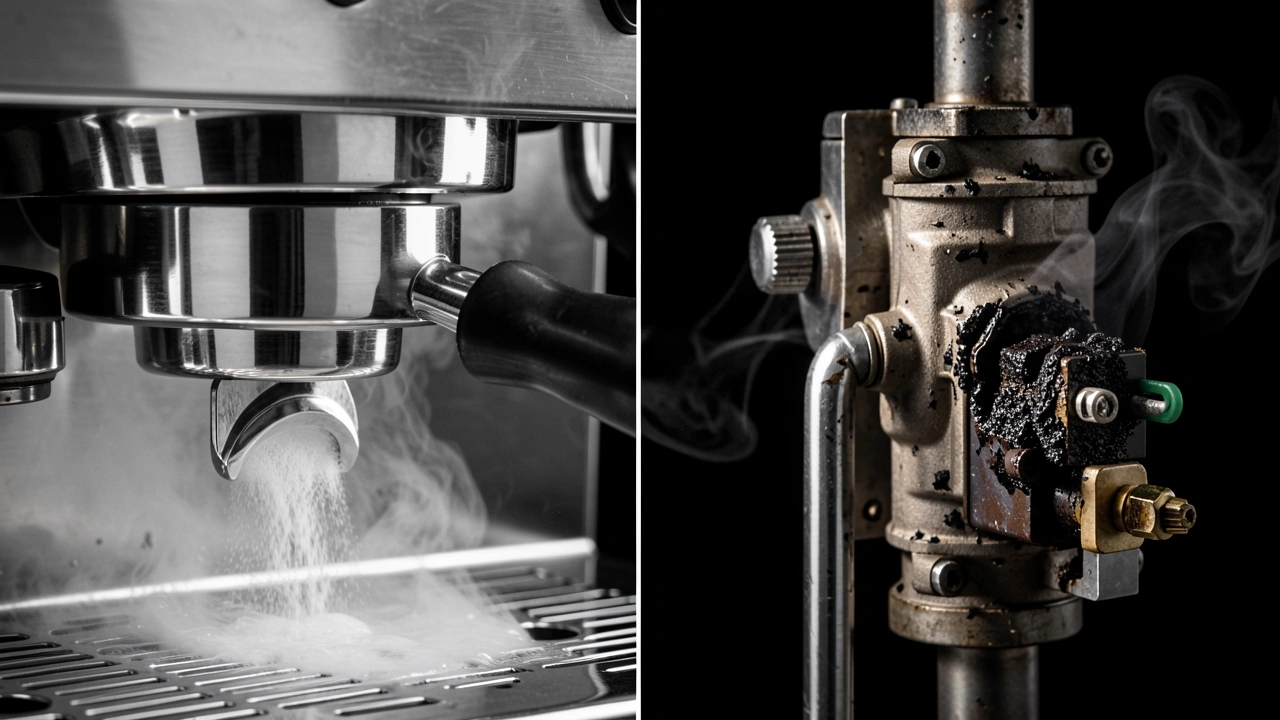 Damage Comparison – Clean vs. Destroyed by Instant Coffee Split image comparing clean machine parts after backflush vs. damaged pump and valve from repeated instant coffee use.