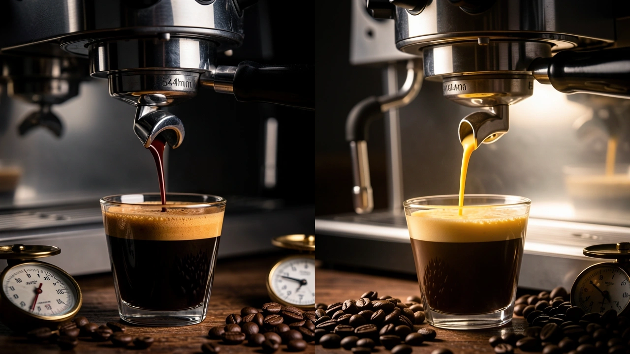 Split image of espresso pours from 54mm and 58mm portafilters with similar crema