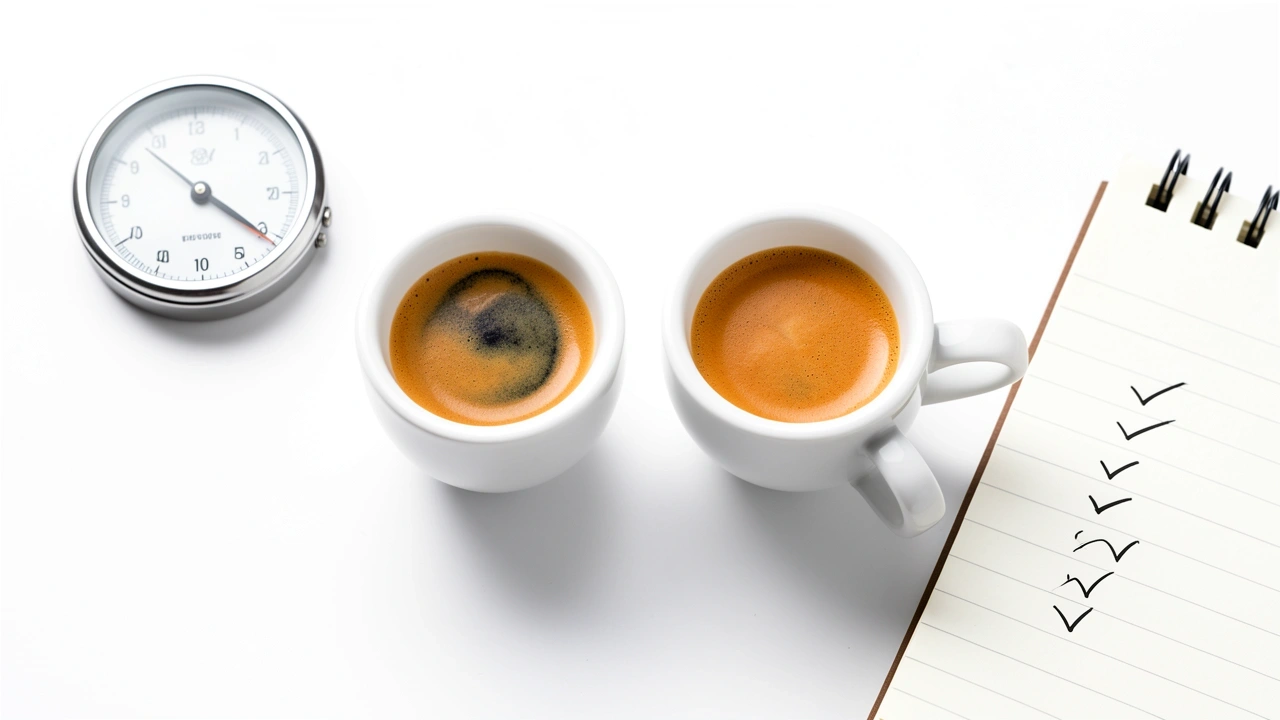 Espresso Shot Comparison Stepped vs Stepless Two espresso shots compared side by side with timer and notepad showing test results.