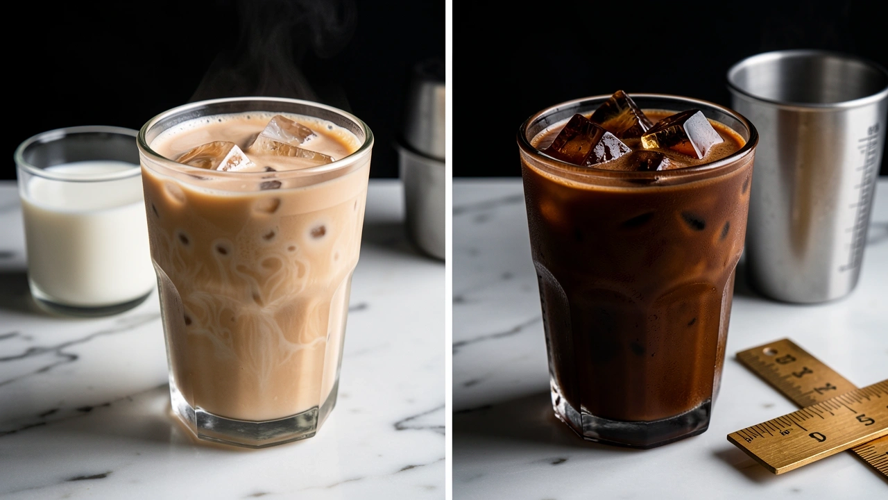 Optimized vs standard iced latte comparison Side-by-side comparison of watery versus strong iced latte with ice cubes marble counter