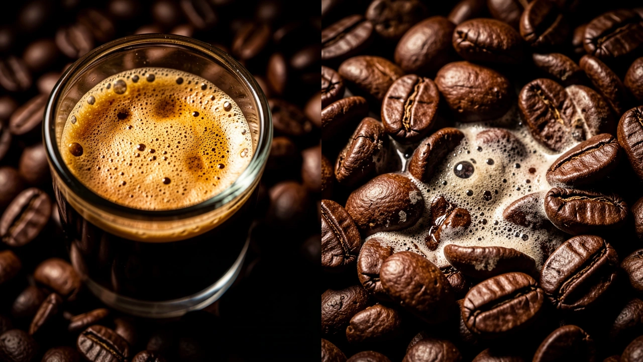 Heat Damage Signs in Coffee Beans Split image comparing fresh oily beans with rich crema vs stale flat beans with thin crema