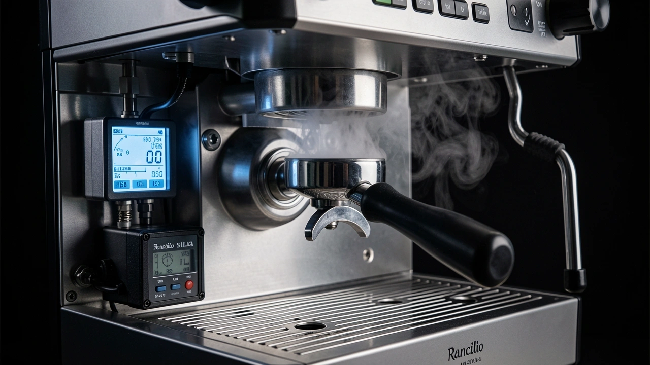Single boiler espresso machine with exposed boiler and mounted PID controller, steam rising.