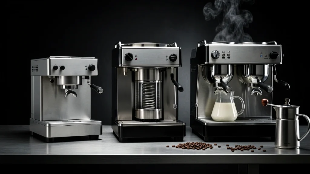 Three espresso machines side by side showing single boiler, heat exchanger, and dual boiler cutaway designs