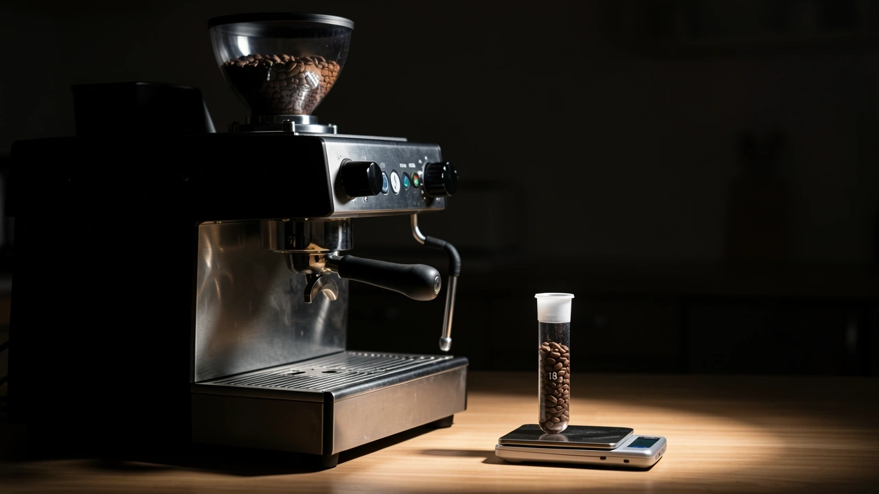 Single Dosing Solution for Hopper Heat Espresso machine with grinder on top and single-dose test tube of beans on counter