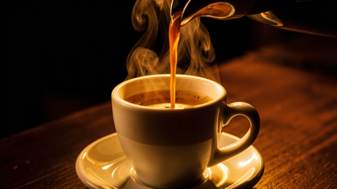 Espresso cup filling with slow steady stream and rising steam in warm light