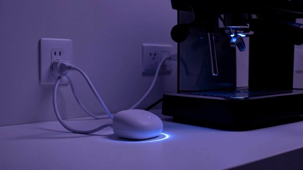 Smart Plug As Coffee Automation Hub Smart plug connected to espresso machine for energy-saving automation
