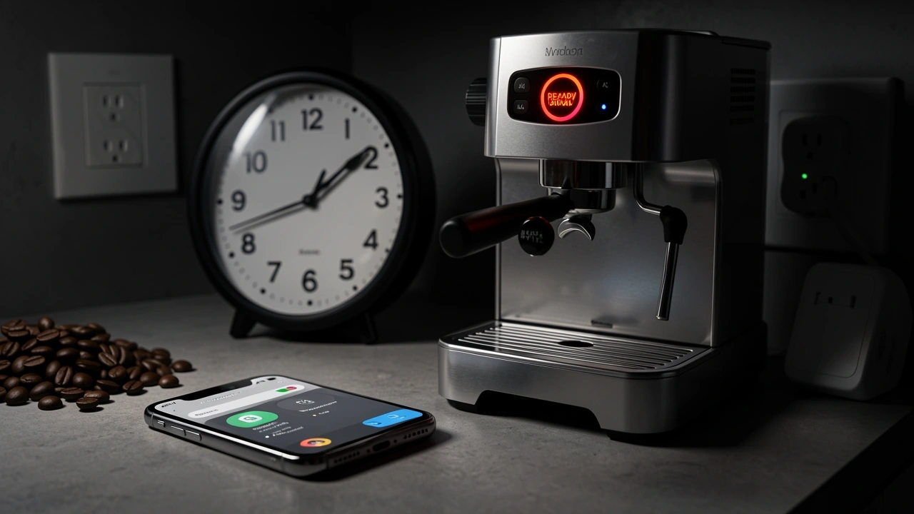 Smartphone app controlling a smart plug connected to a single-boiler espresso machine with a clock showing early morning.