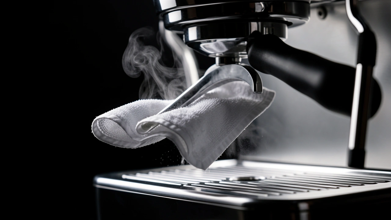 Close-up of hand wiping a steam wand with dry microfiber cloth after steaming.