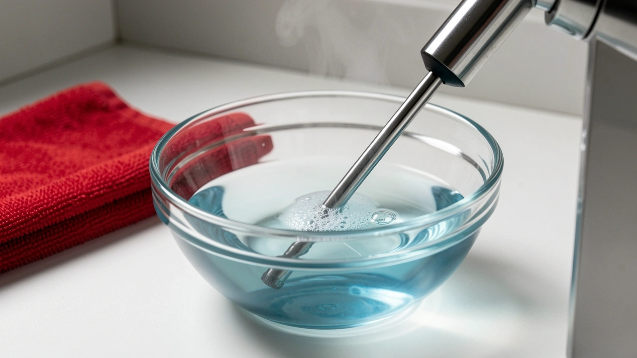 Steam wand tip soaking in glass bowl of cleaning solution for weekly maintenance.