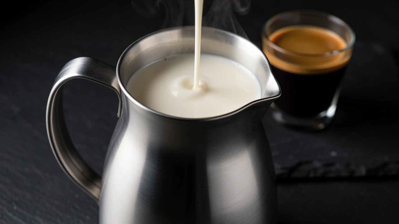 Glossy steamed milk with no visible bubbles in a stainless steel pitcher