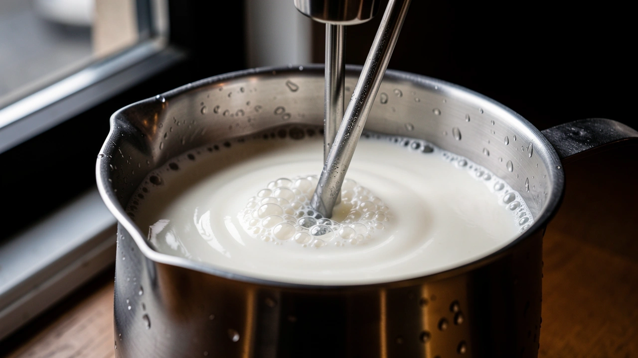 Steaming Oat Milk for Microfoam Steam wand creating vortex in cold oat milk for perfect microfoam at 60-65°C