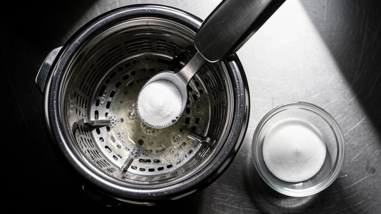 Blind basket with dissolved espresso cleaner solution in portafilter, preparation for backflush