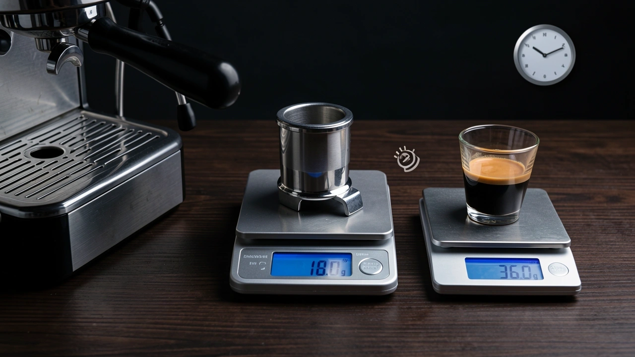 Step-by-step process of dosing and measuring espresso yield with a scale