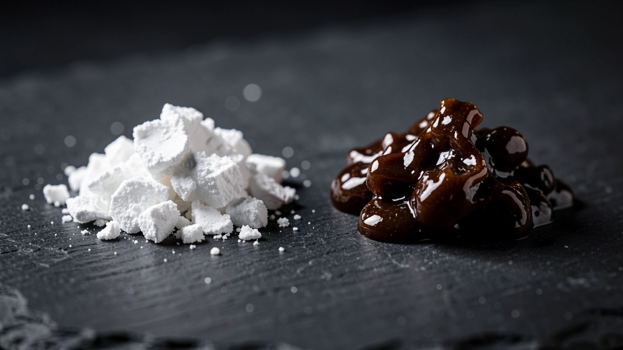 Macro of white chalky and dark brown sticky residues on dark surface