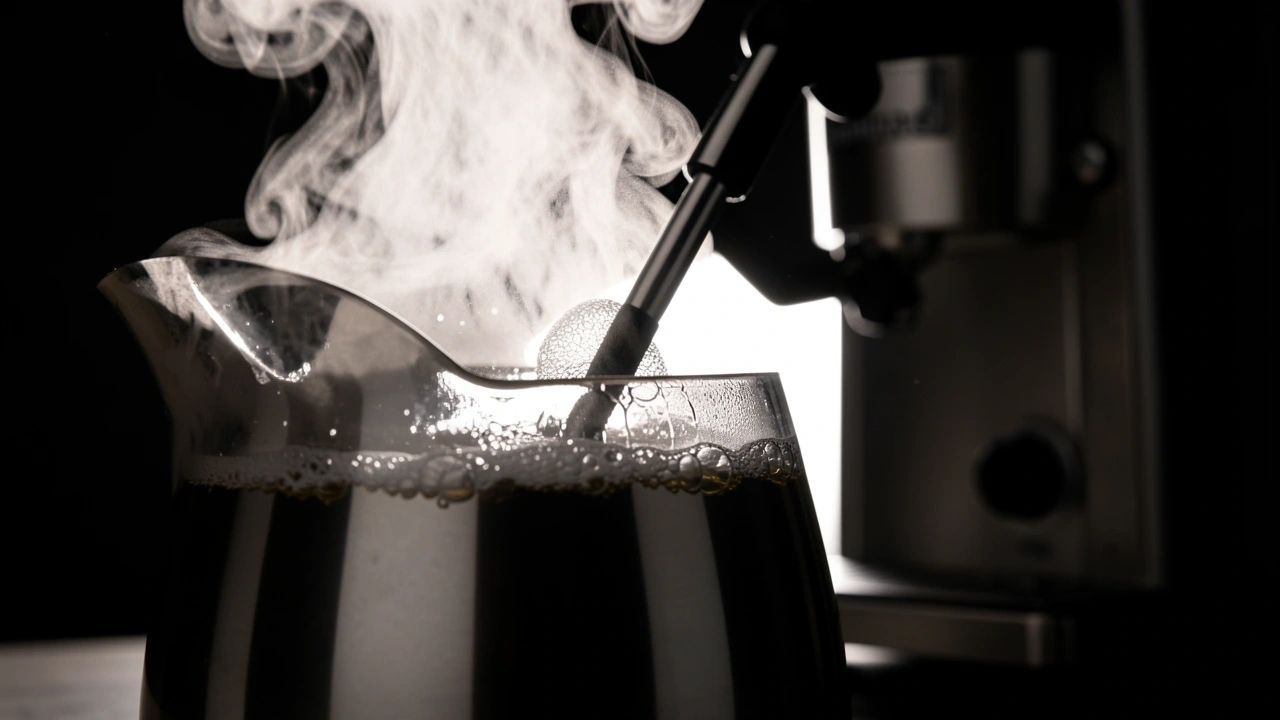 Steam wand tip submerged in descaling solution in a pitcher