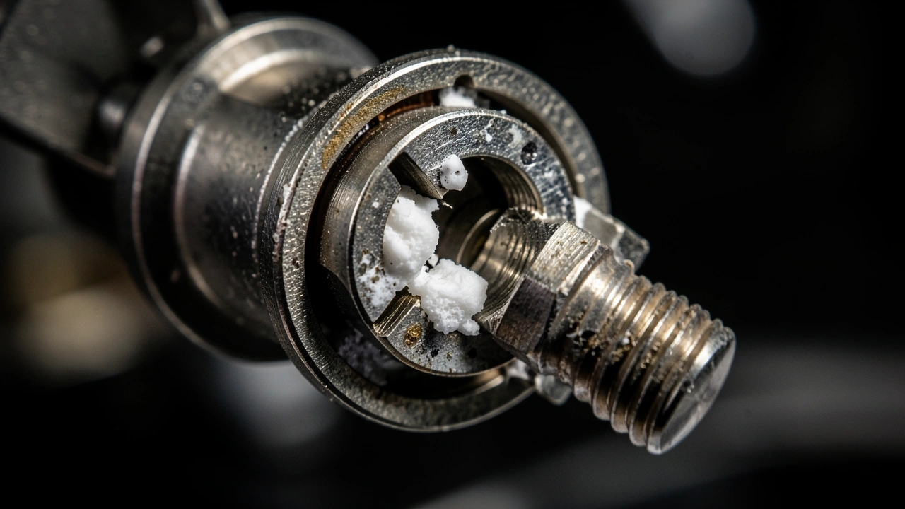 Close-up of a solenoid valve with white scale blocking the passage